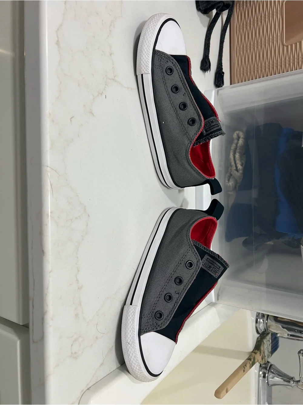 Converse Kids Grey & Black Slip-On Canvas Sneakers with Red Lining